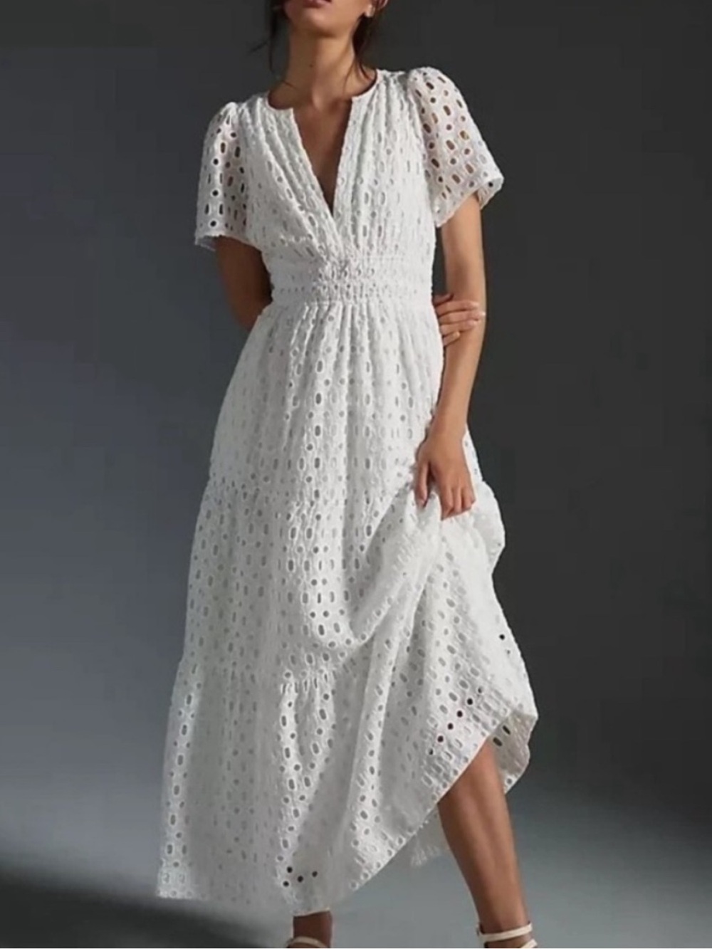 Anthropologie White Eyelet Maxi Dress with Smocked Waist